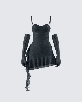 Anyssa Black Shimmer Mini Dress And Gloves