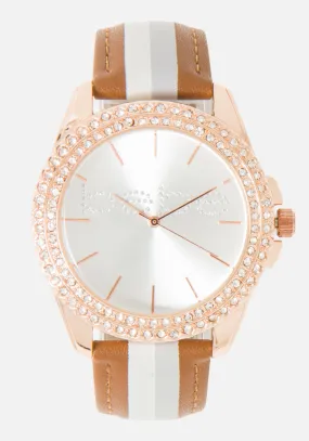 Brown Crystal Bebe Logo Stripe Band Watch