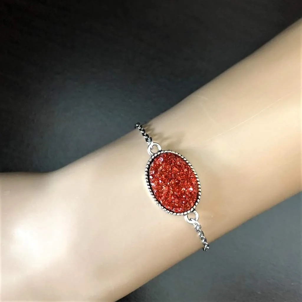 Red Druzy Oval Stone Chain Adjustable Bracelet